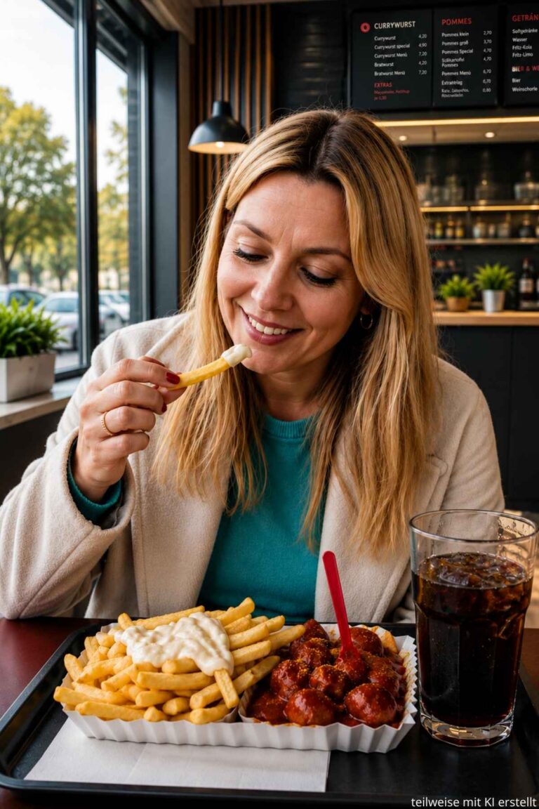 Frau freut sich über Pommes mit Currywurst, weil sie Essen mit Belohnung verknüpft.