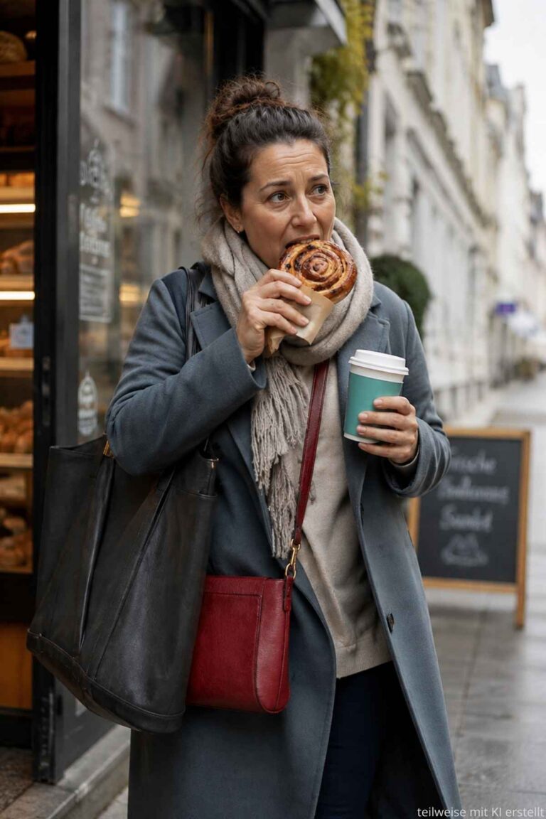Frau auf dem Weg zur Arbeit mit Kaffee und Rosinenschnecke vom Bäcker – authentischer Moment von Essen aus Stress im hektischen Morgenalltag.
