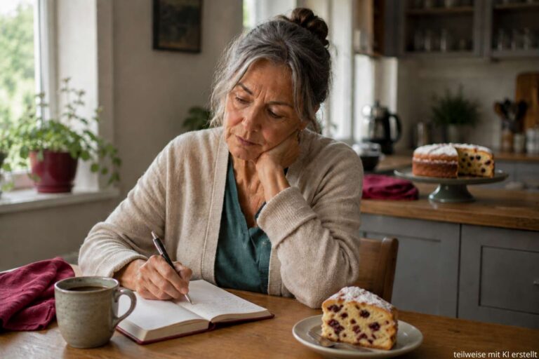 Ältere Frau schreibt nachdenklich in ihr Notizbuch bei Kaffee und Kuchen – bestimmte Gedanken verstärken emotionales Essen im Alltag.