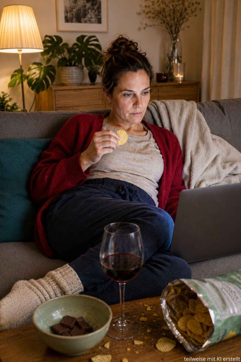 Nebenbei Essen und nicht merken, wieviel man isst - das passiert dieser Frau jeden Abend auf dem Sofa mit Laptop, Chips und Rotwein.